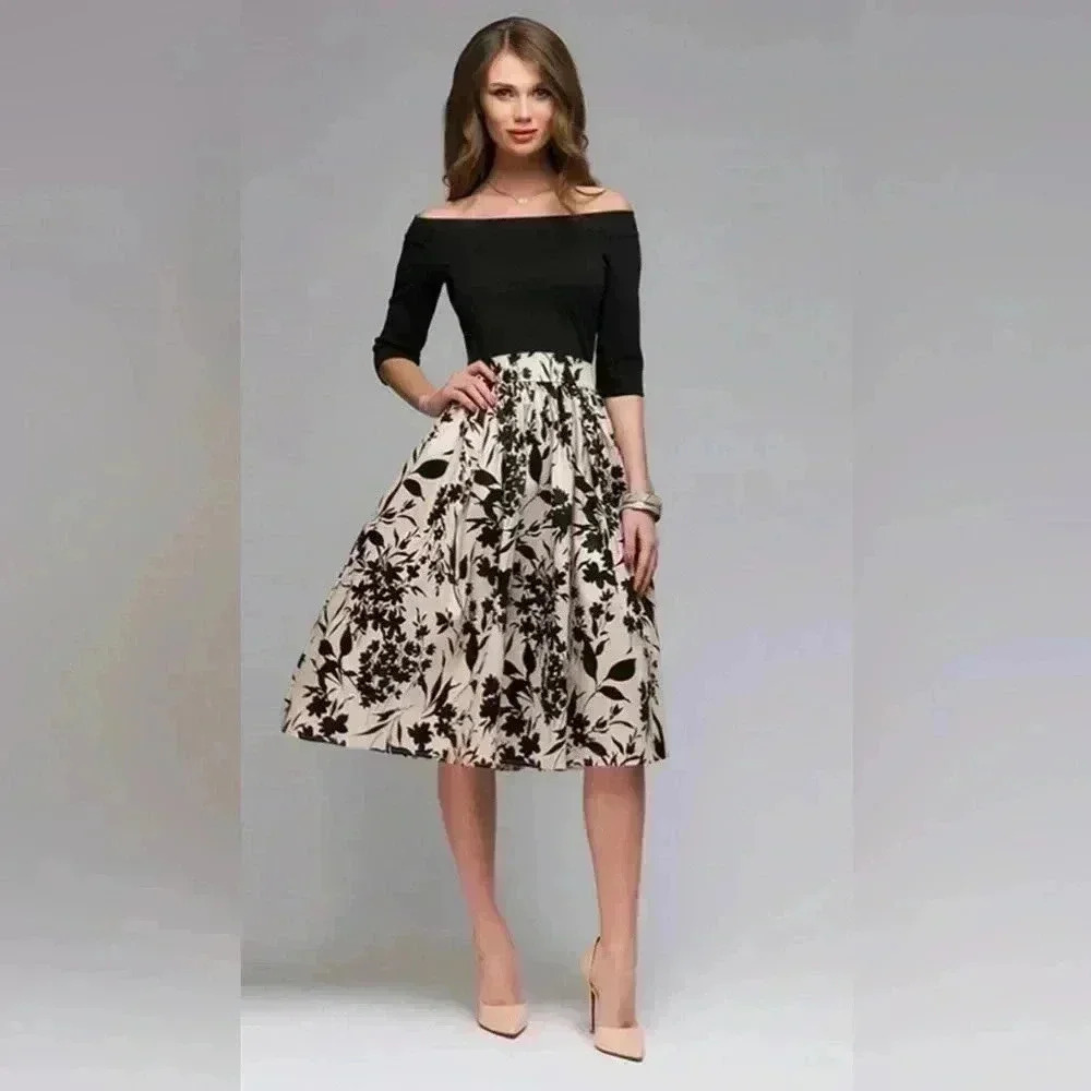 NWT RICCO BRUNO Women’s Midi Dress Black Beige Off Shoulders Size L